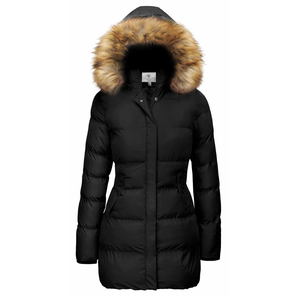 WenVen Women's Bulky Winter Thicken Jacket with Fur Trim Hood (Black,M)
