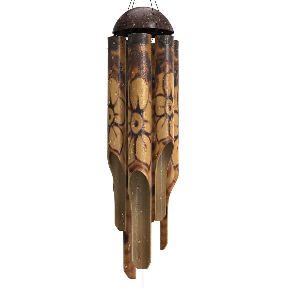 Nalulu Rustic Bamboo Wind Chimes - Outside Outdoor Wooden Windchimes, Large, Floral Burned Design with Coconut Crown, Handcrafte