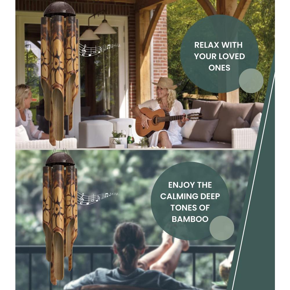 Nalulu Rustic Bamboo Wind Chimes - Outside Outdoor Wooden Windchimes, Large, Floral Burned Design with Coconut Crown, Handcrafte