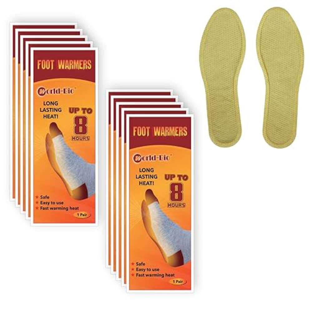 WORLD-BIO Insole Foot Warmers - Long Lasting Safe Natural Odorless Air Activated Warmers - Up to 8 Plus Hour of Heat - 10 Pairs