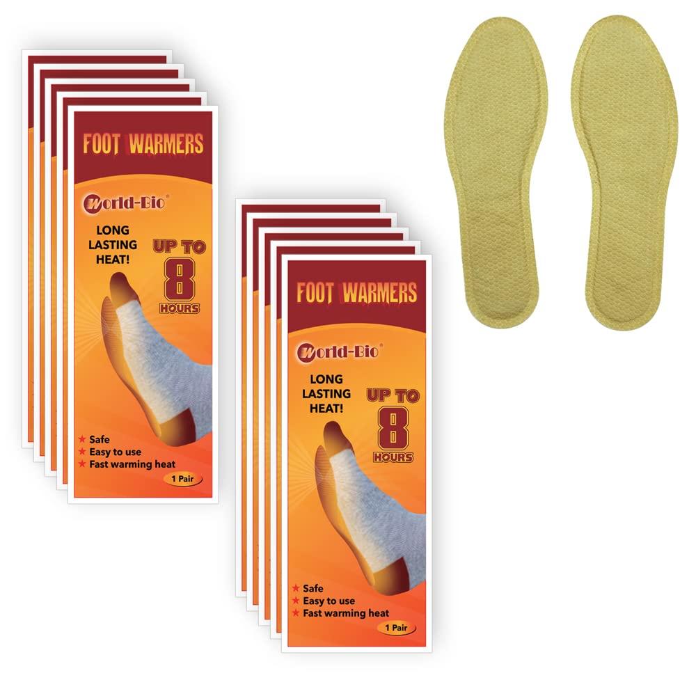 WORLD-BIO Insole Foot Warmers - Long Lasting Safe Natural Odorless Air Activated Warmers - Up to 8 Plus Hour of Heat - 10 Pairs