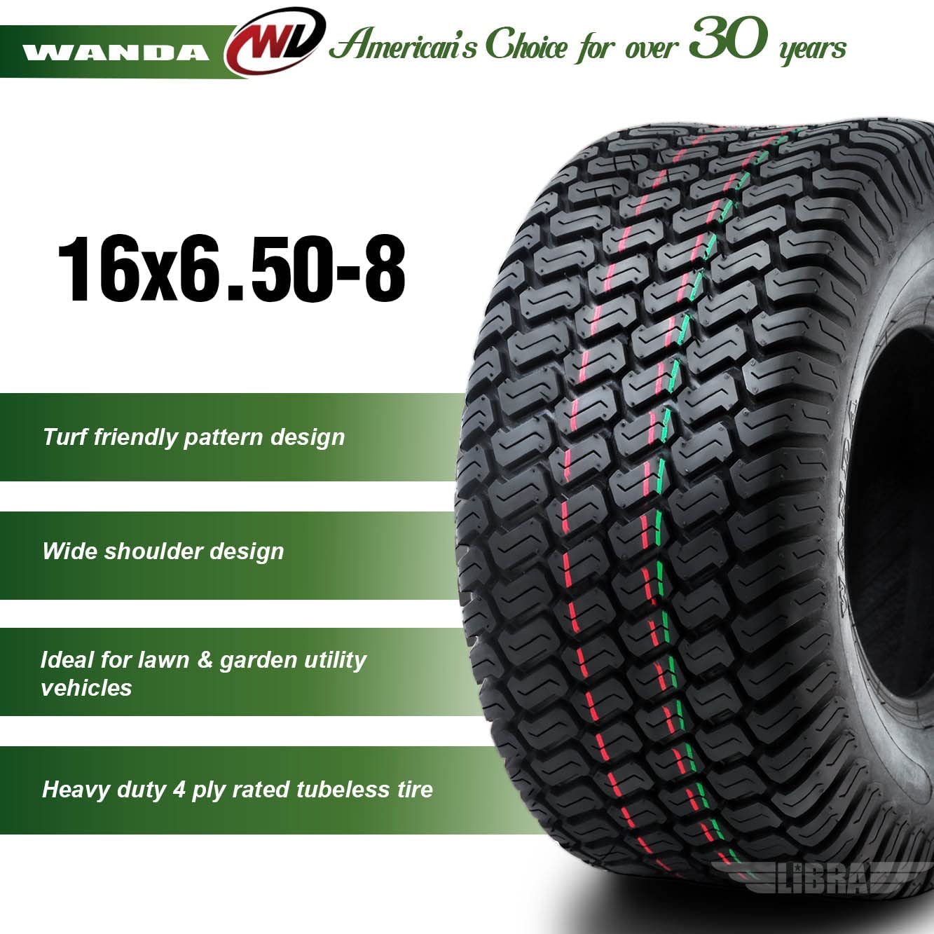Wanda Set 2 WANDA 16x6.50-8 Lawn Mower Tractor Cart Turf Tires 16x6.5x8 P332-13019