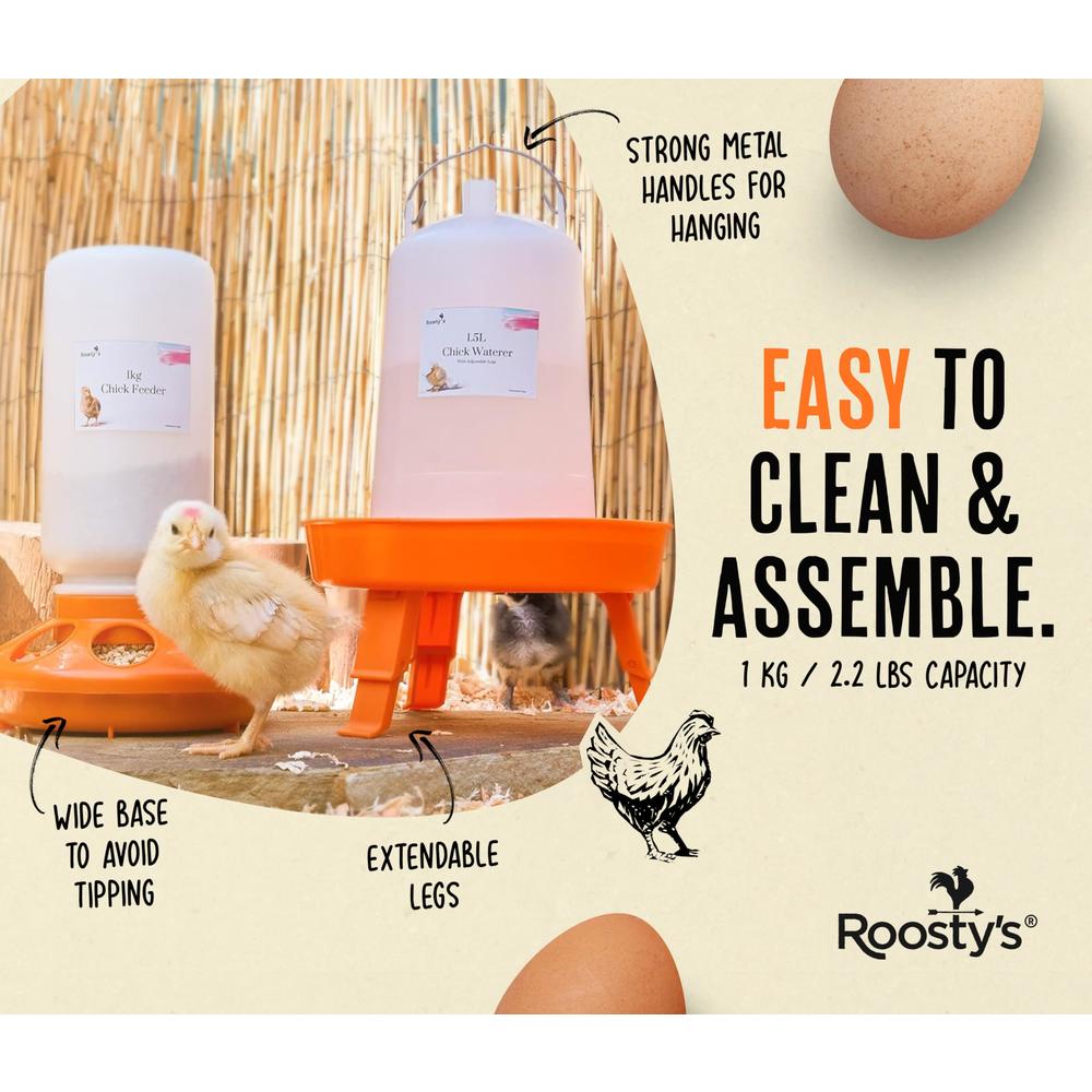 Roosty's Chick Feeder and Waterer Kit - 1L Chick Feeder and 1.5L Chick Waterer | Chicken Feeder and Hanging Chicken Waterer | Du