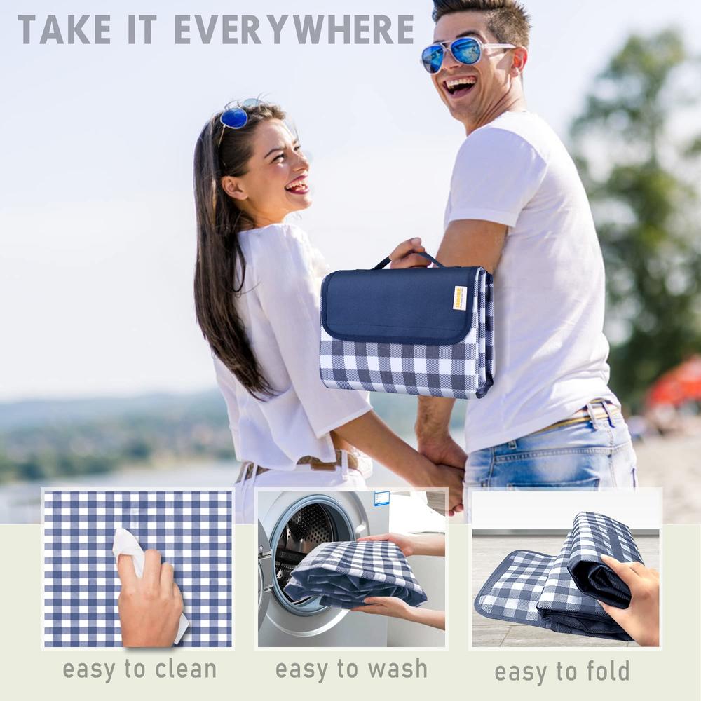 SAMSIER Outdoor Picnic Blankets Waterproof Foldable with Pillow, Large Beach Blanket Sandproof, gingham Picnic Mat cute Washable