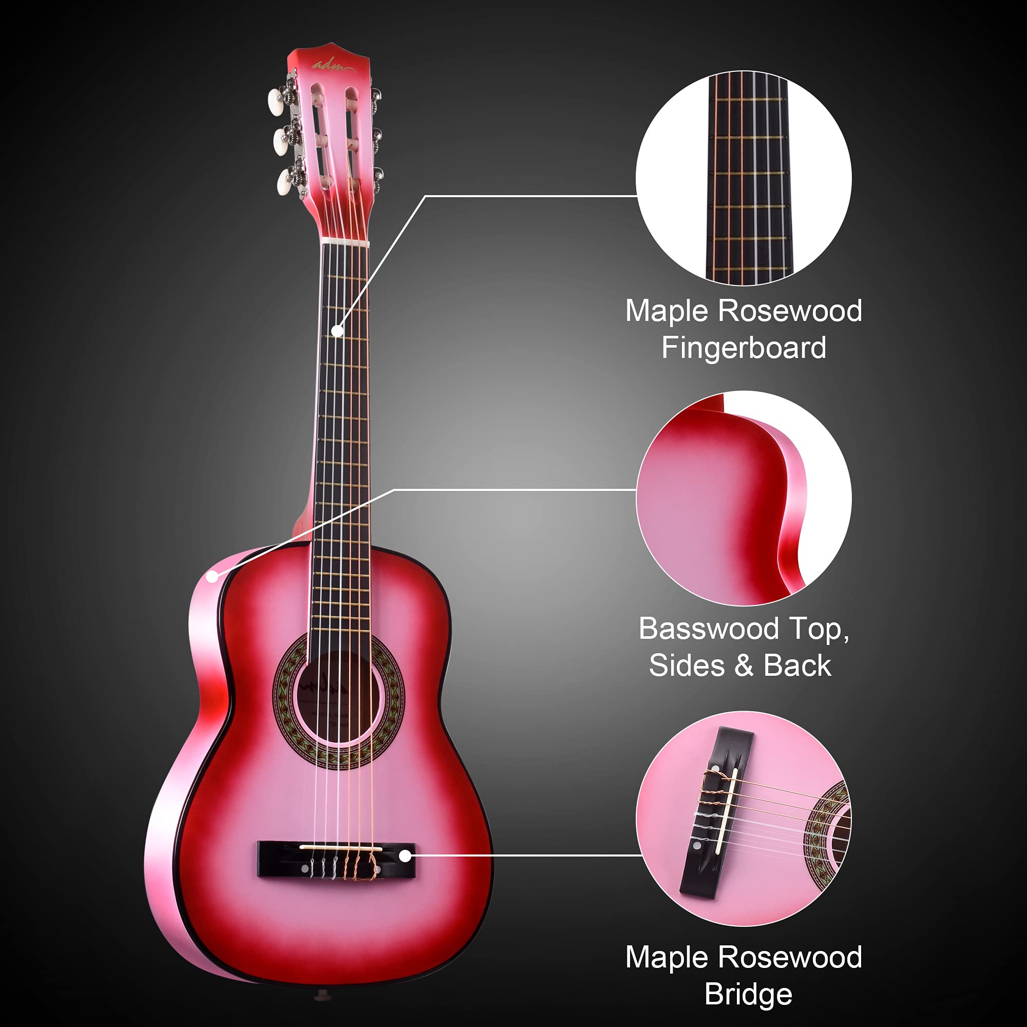 ADM Beginner Acoustic Classical Guitar 30 Inch Nylon Strings Wooden Guitar Bundle Kit for Kid Boy Girl Student Youth Guitarra Fr