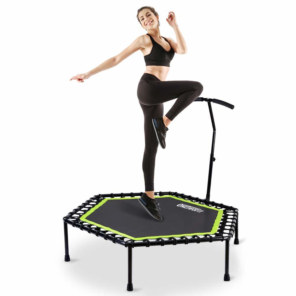 ONETWOFIT 48 Silent Mini Trampoline with Adjustable Handle Bar Fitness Trampoline Bungee Rebounder Jumping cardio Trainer Workou