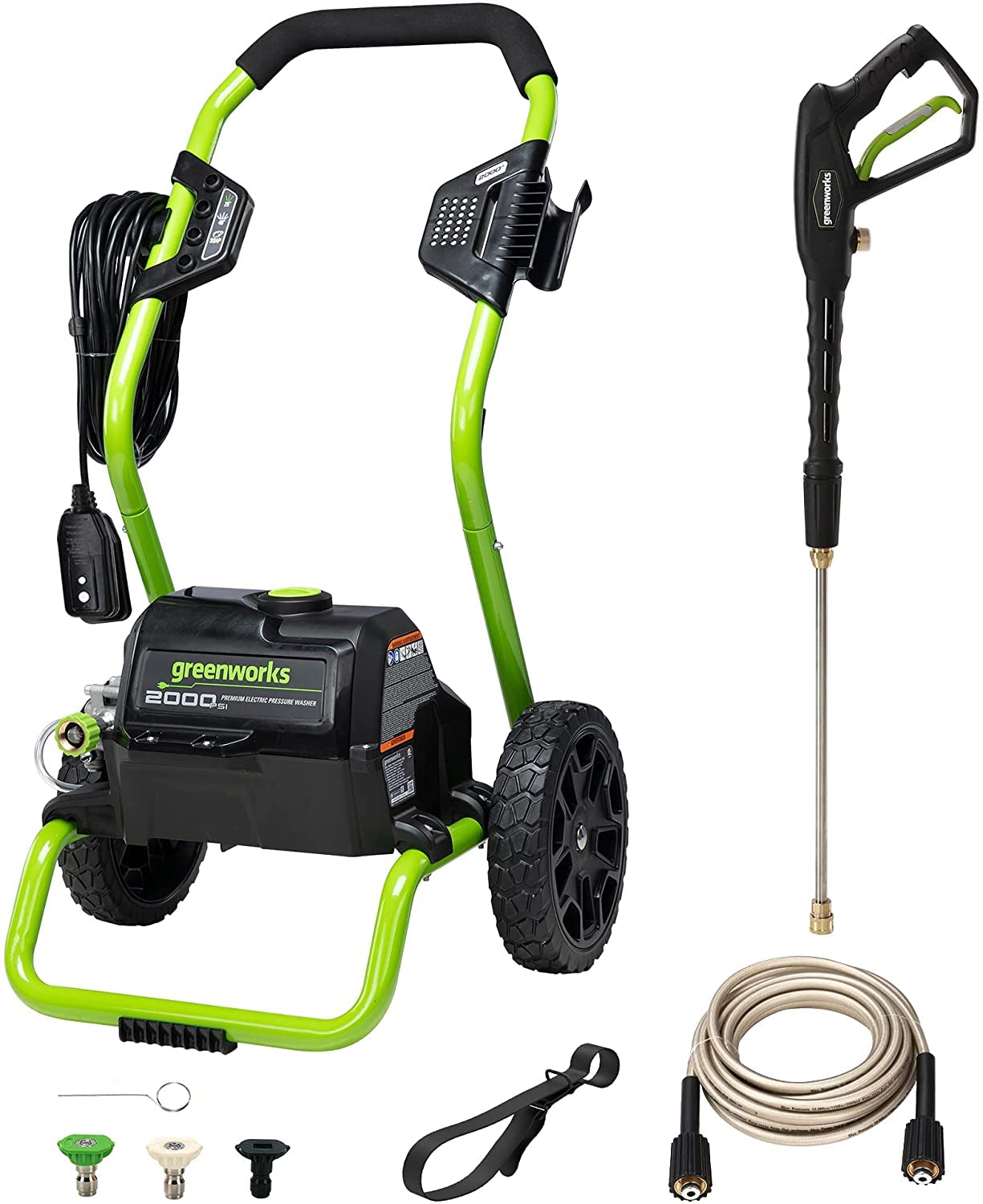 Greenworks 2000 PSI (13 Amp) Electric Pressure Washer (Wheels For Transport / 20 FT Hose / 35 FT Power Cord) Great For Cars, Fen