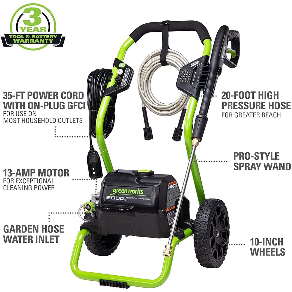 Greenworks 2000 PSI (13 Amp) Electric Pressure Washer (Wheels For Transport / 20 FT Hose / 35 FT Power Cord) Great For Cars, Fen