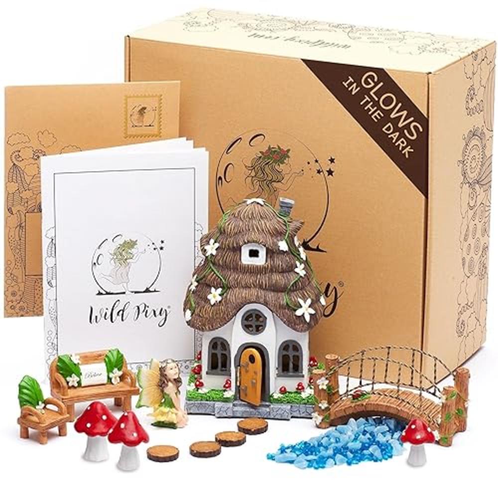 WILD PIXY Garden Kit - Glow in The Dark Fairy Accessories Set, 7.1" Fairy House with Opening Door and Solar LED Light, Glow Ston