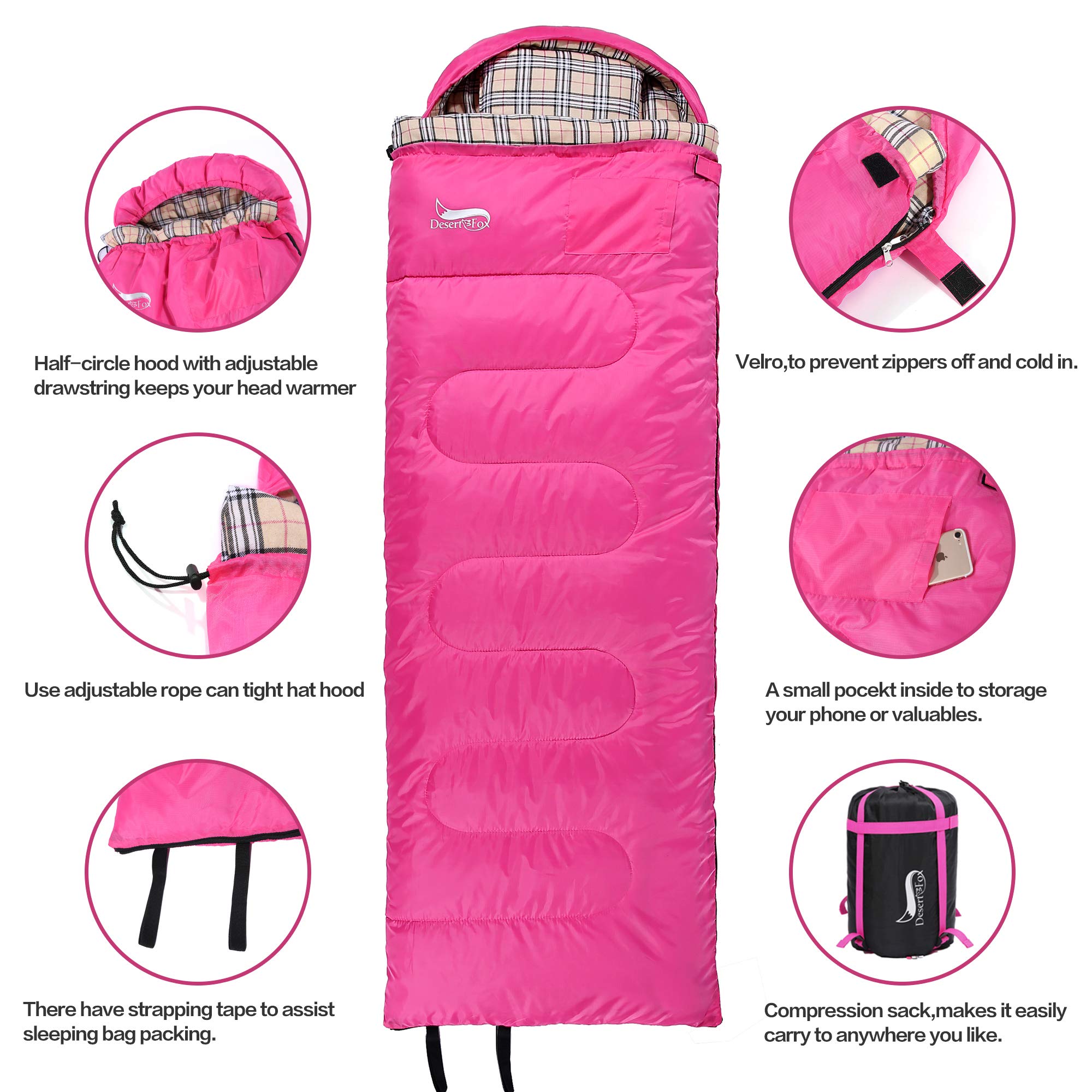 DESERT & FOX Cotton Flannel Sleeping Bags Attach Pillow, 4 Season Warm & Cold Weather Envelope Compression Sack, Lightweight & P