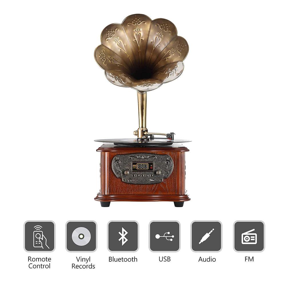 LuguLake Record Player Retro Turntable All in One Vintage Phonograph Nostalgic Gramophone for LP with Copper Horn, Built-in Spea