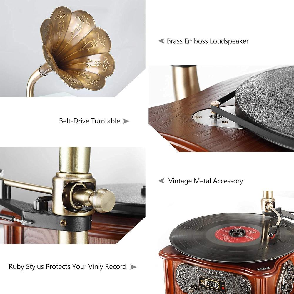 LuguLake Record Player Retro Turntable All in One Vintage Phonograph Nostalgic Gramophone for LP with Copper Horn, Built-in Spea