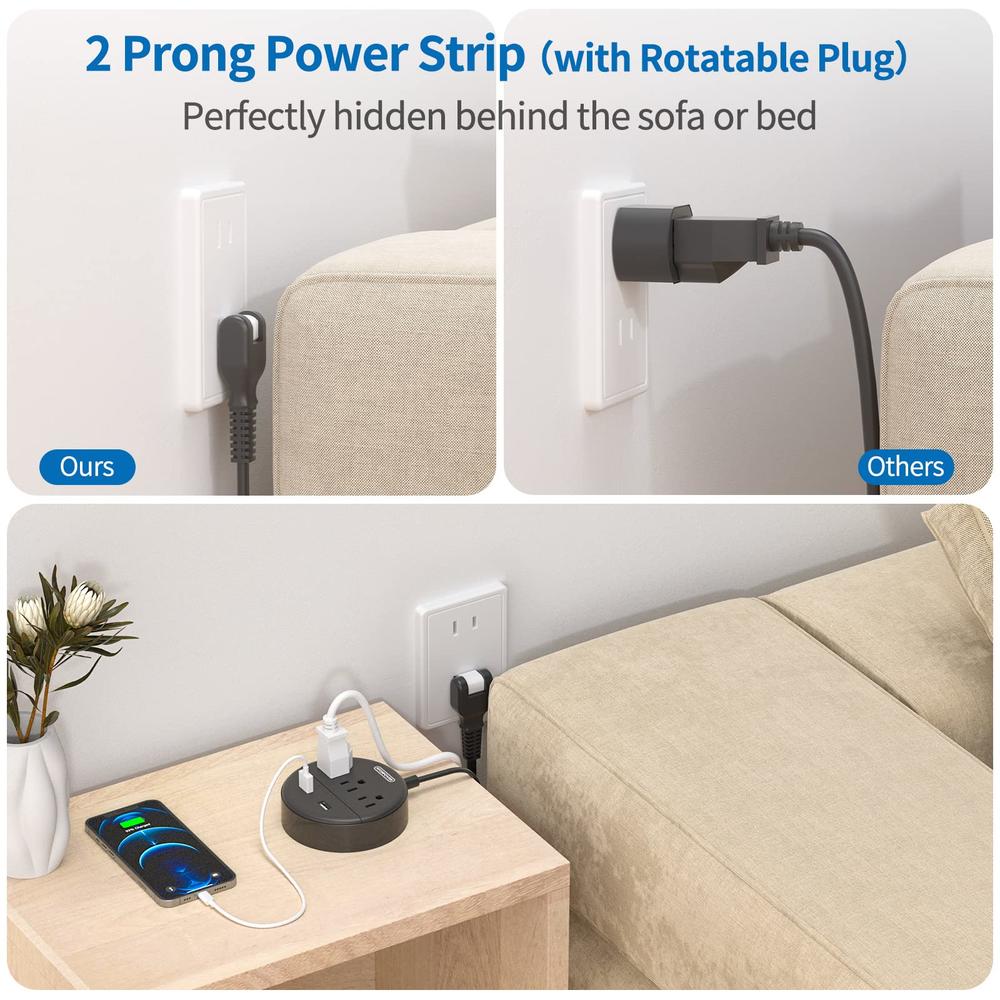 NTONPOWER 2 Prong Power Strip, 1875W 2 Prong to 3 Prong Outlet Adapter, 2 Prong Extension Cord 5 ft, Rotating Plug, Wall Mount,