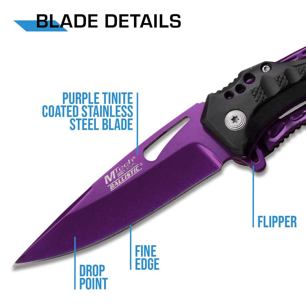 MTech USA - Spring Assisted Folding Knife - Purple Electroplated Fine Edge Stainless Steel Blade, Black Aluminum Handle, Pocket 