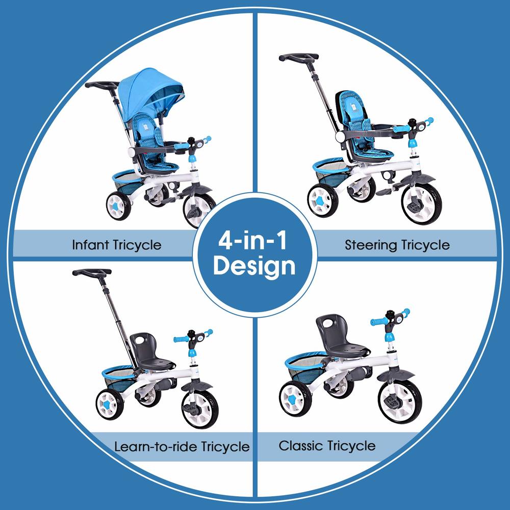 Costzon Tricycle for Toddlers, 4 in 1 Trike w/Parent Handle, Adjustable Canopy, Storage, Safety Harness & Wheel Brakes, Baby Pus