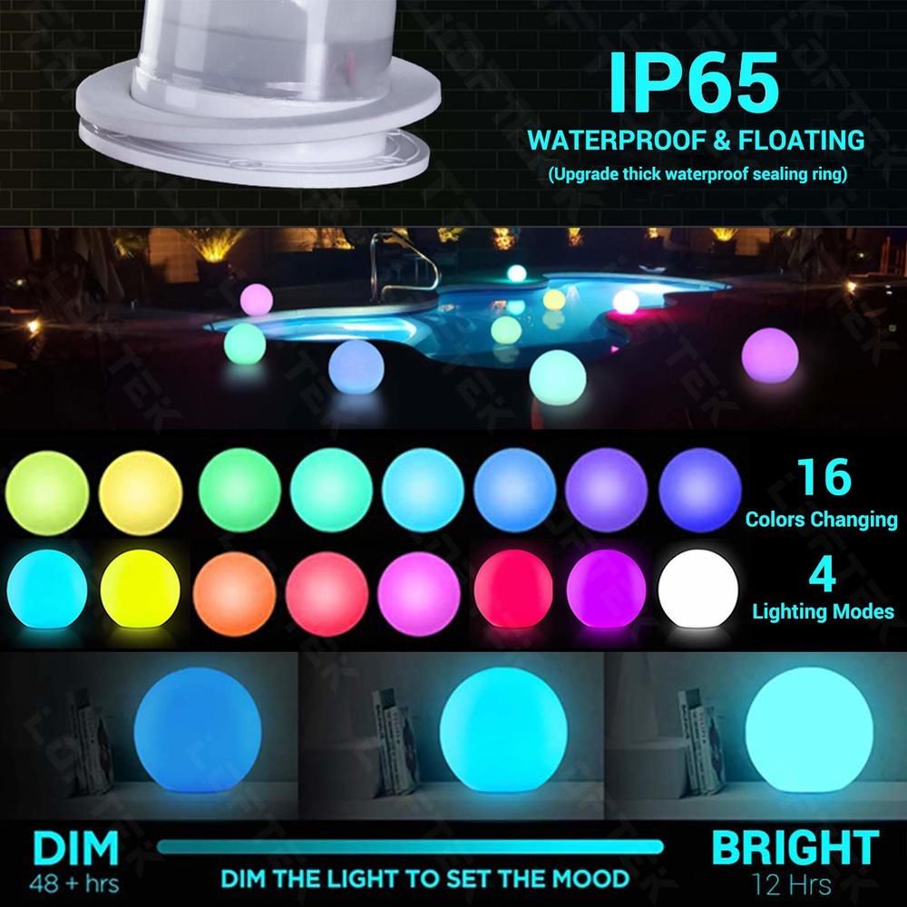 LOFTEK LED Dimmable Floating Pool Lights Ball, 16-inch Cordless Night Light with Remote, 16 RGB Colors & 4 Modes, Rechargeable &