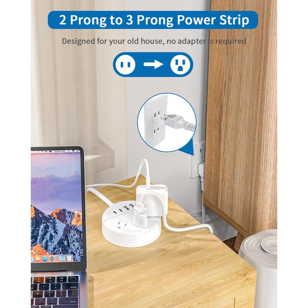 NTONPOWER 2 Prong Power Strip with USB-C, NTONPOWER 1875W/15A 2 Prong to 3 Prong Outlet Adapter, Rotating Plug, 5 Ft Extension Cord,3 AC O