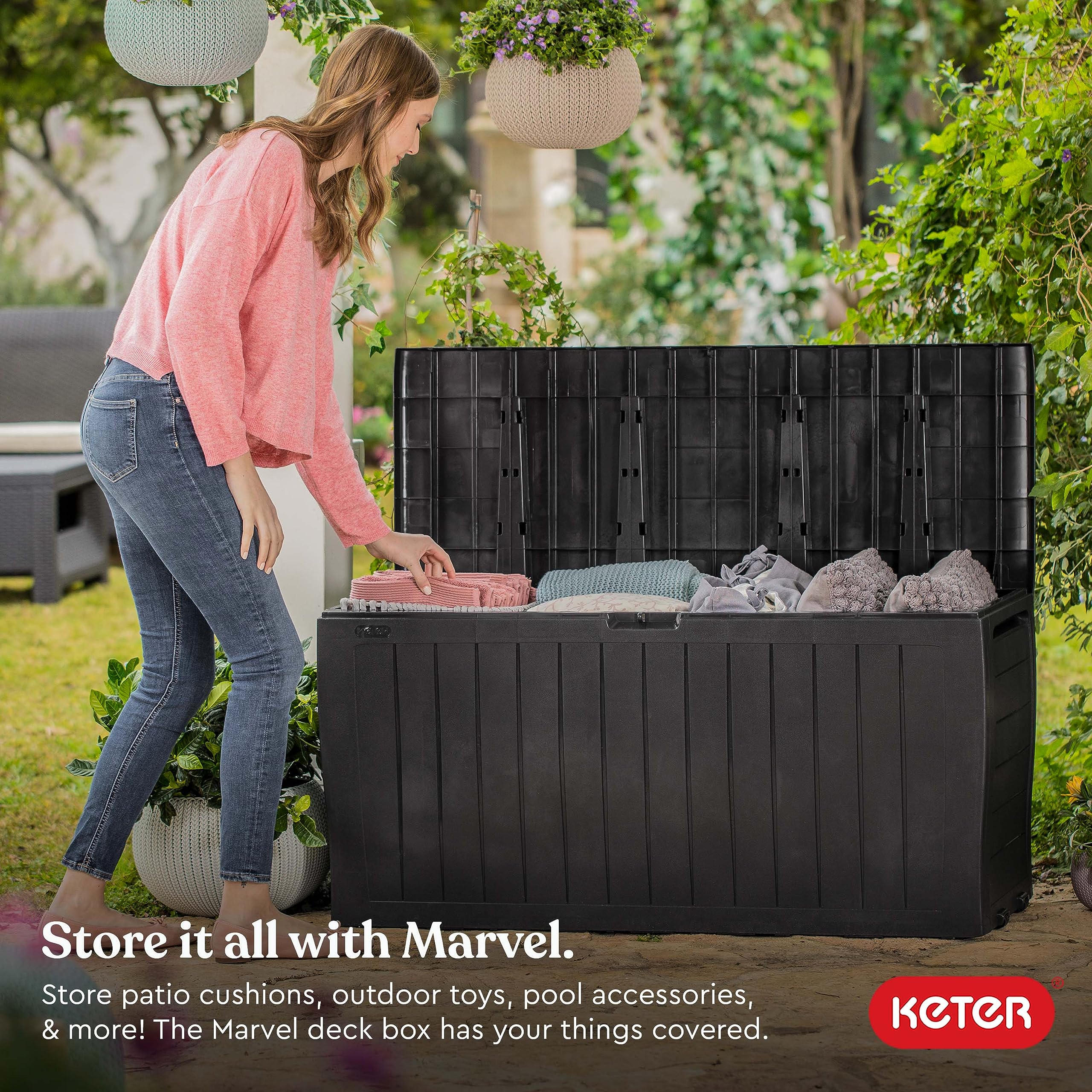 Keter Marvel Plus 71 Gallon Resin Deck Box-Organization and Storage for Patio Furniture Outdoor Cushions, Throw Pillows, Garden 