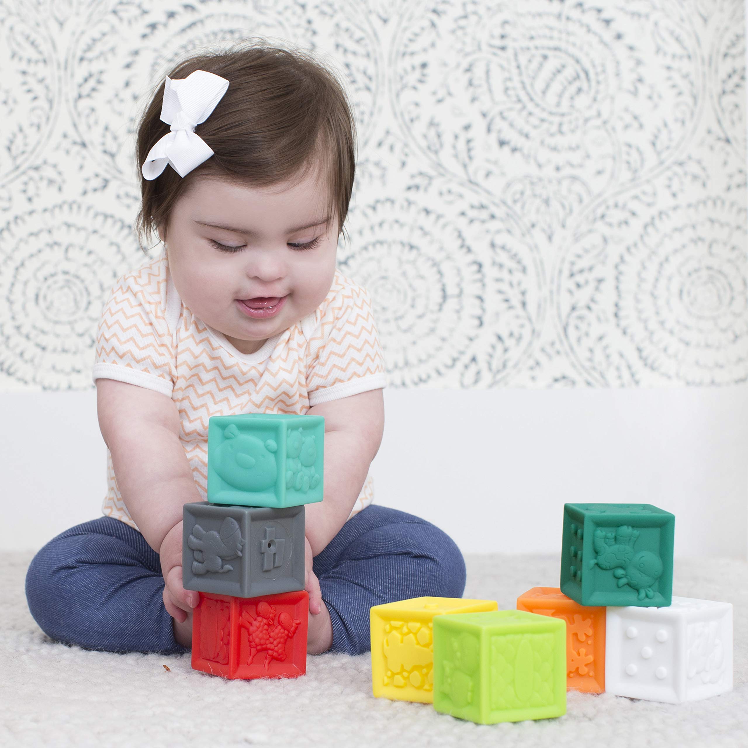 Infantino Squeeze and Stack Block Set - Colorful Textured Soft Blocks, Includes Numbers, Animals and Shapes, Ages 6 Months +