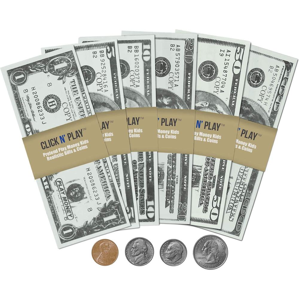 CLICK N' PLAY Pretend Play Money for Kids - 150 Piece Set of Realistic Bills & Coins, Perfect for Counting, Math & Currency Set 