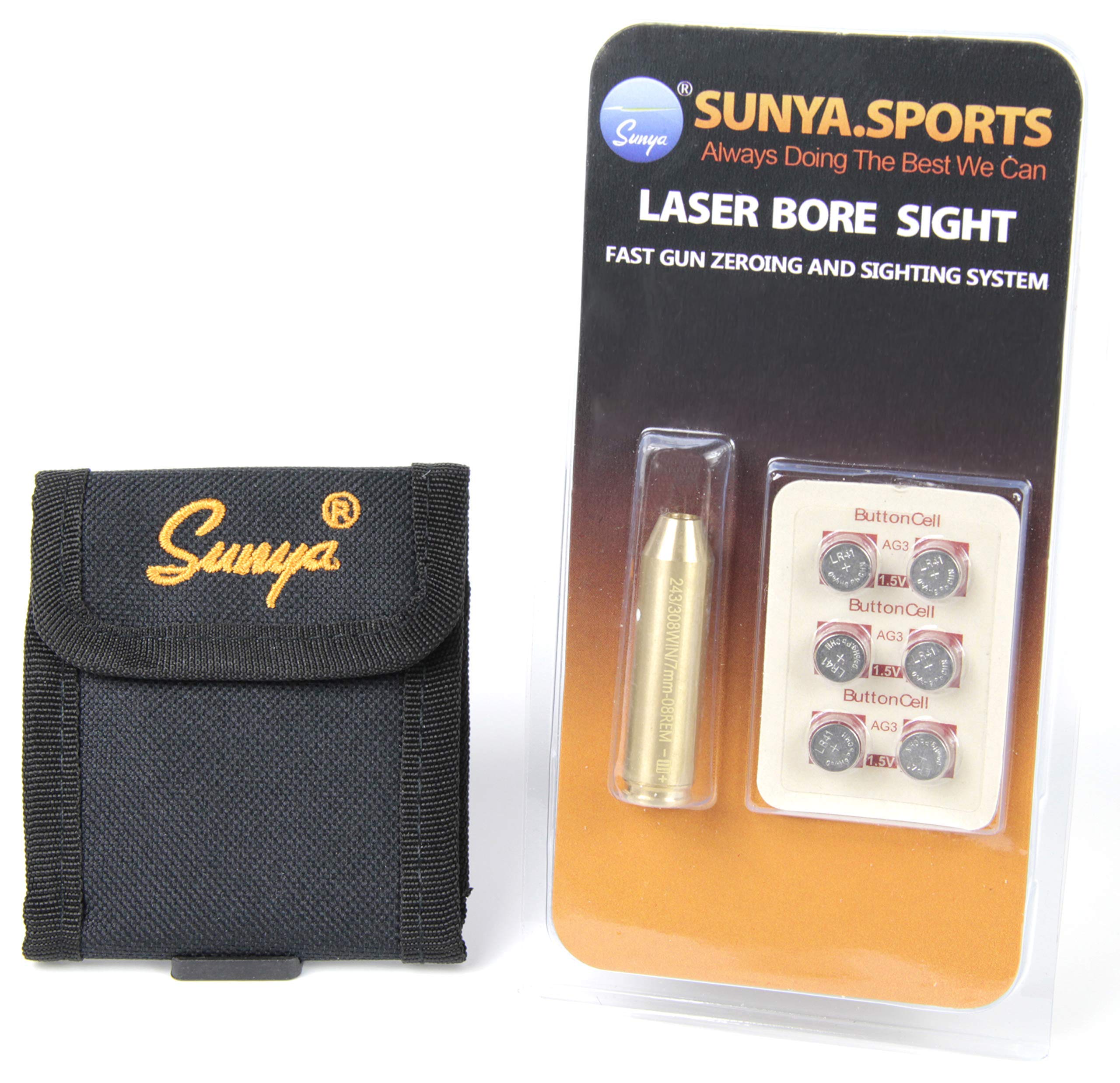 Sunya 308 Bore Sight Laser, Boresighter Fit .243 / .308win / 7mm-08 with Carrying Pouch, Includes 4 Sets Battery for Scope zeroi