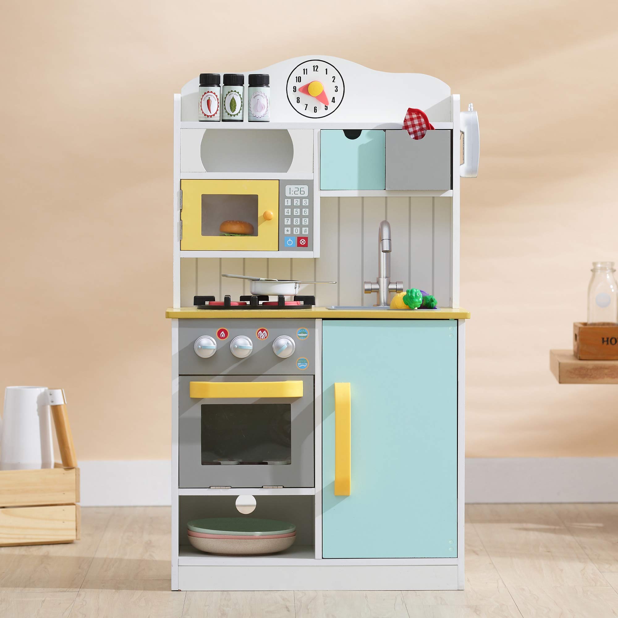 Teamson Kids Little Chef Florence Classic Interactive Wooden Play Kitchen with Accessories and Storage Space for Easy Clean Up, 