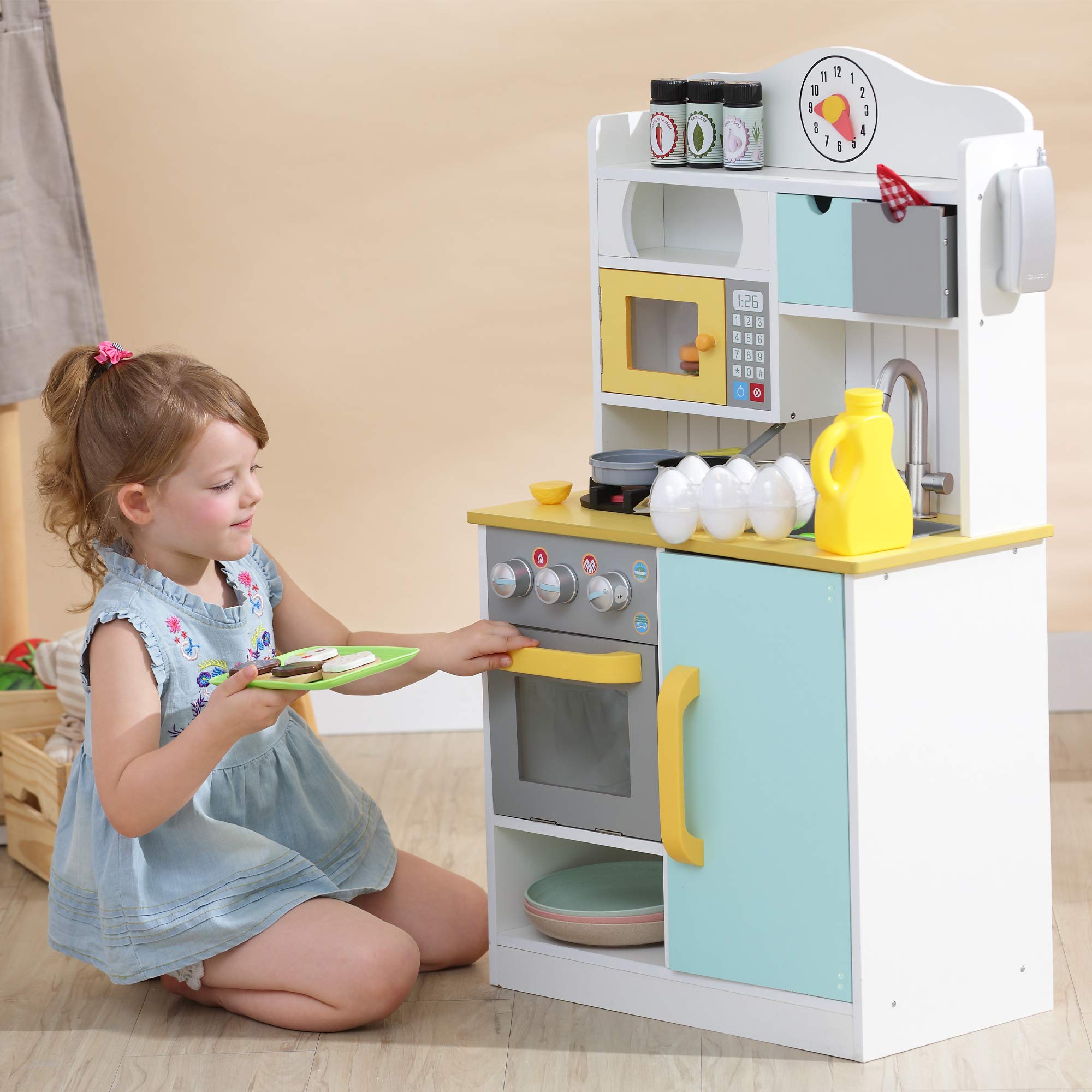 Teamson Kids Little Chef Florence Classic Interactive Wooden Play Kitchen with Accessories and Storage Space for Easy Clean Up, 