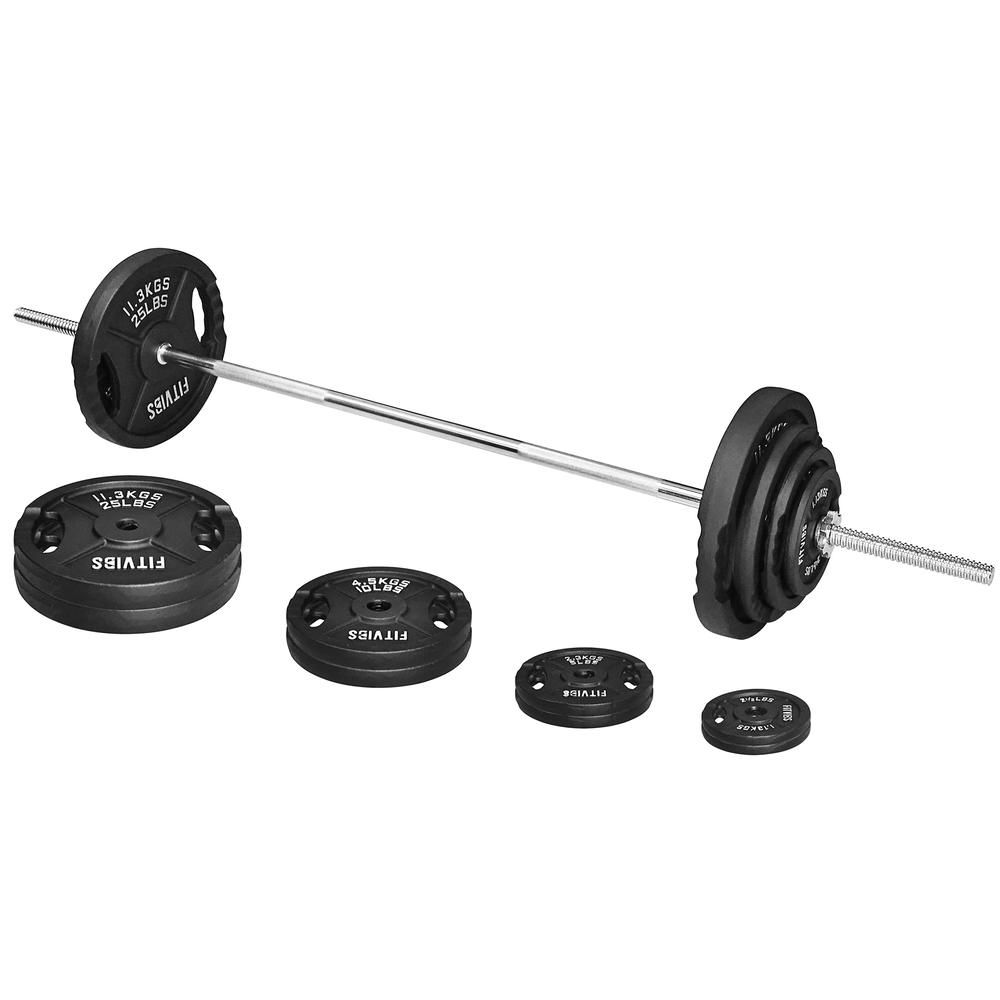 Signature Fitness Cast Iron Standard Weight Plates Including 5FT Standard Barbell with Star Locks, 95-Pound Set (85 Pounds Plate