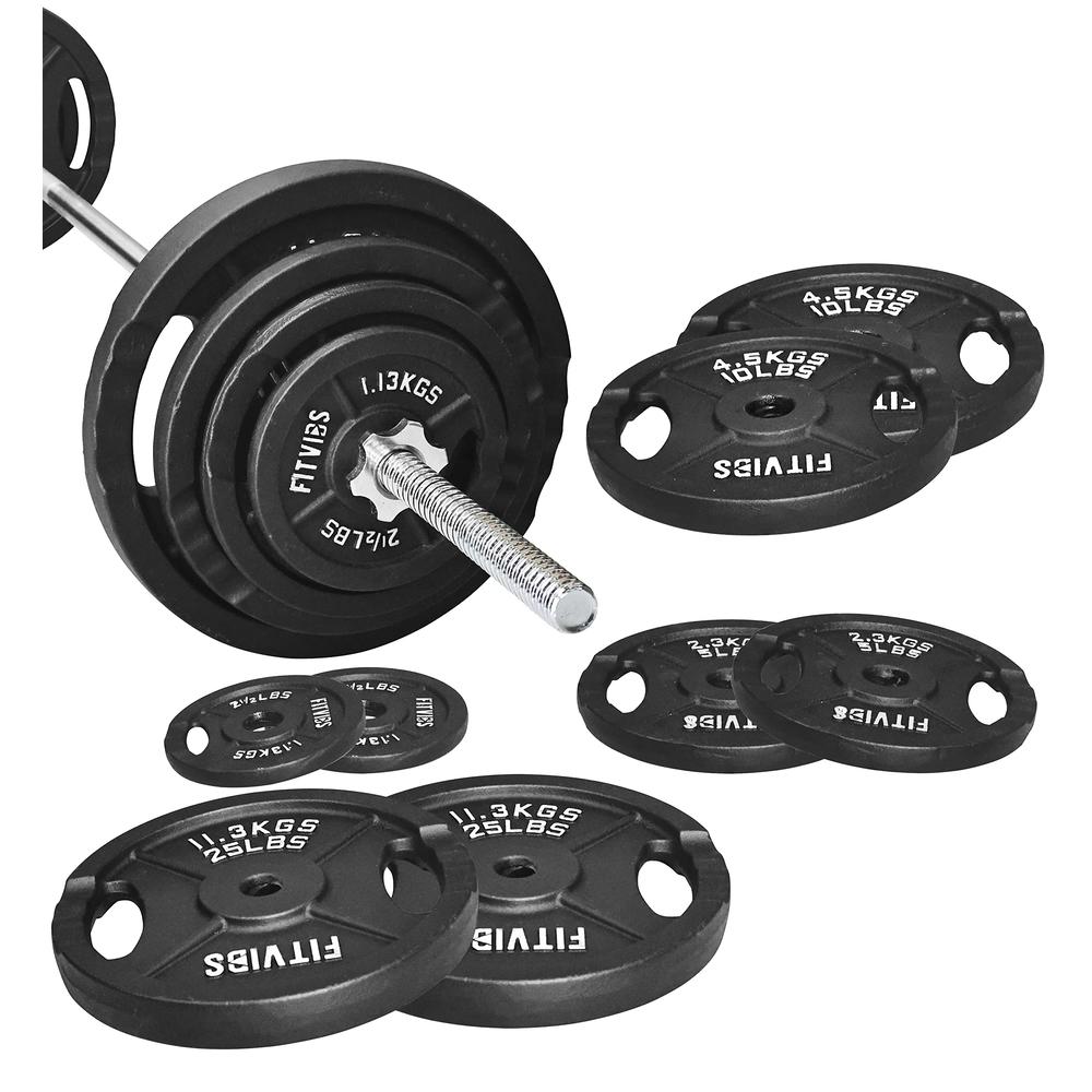 Signature Fitness Cast Iron Standard Weight Plates Including 5FT Standard Barbell with Star Locks, 95-Pound Set (85 Pounds Plate