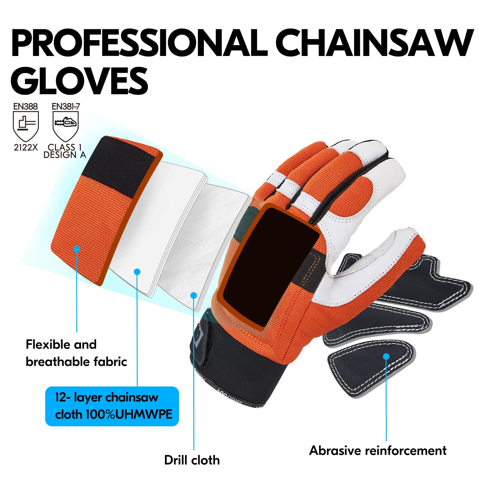 Vgo... 1-Pair Chainsaw Work Gloves Saw Protection on Left Hand Back (Size L, Orange, GA8912)