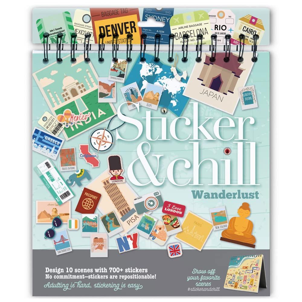 Sticker & Chill Sticker Book for Adults - 700+ Repositionable Colorful Clings Create Designs on 10 Spiral Bound Scene Pages - Ea