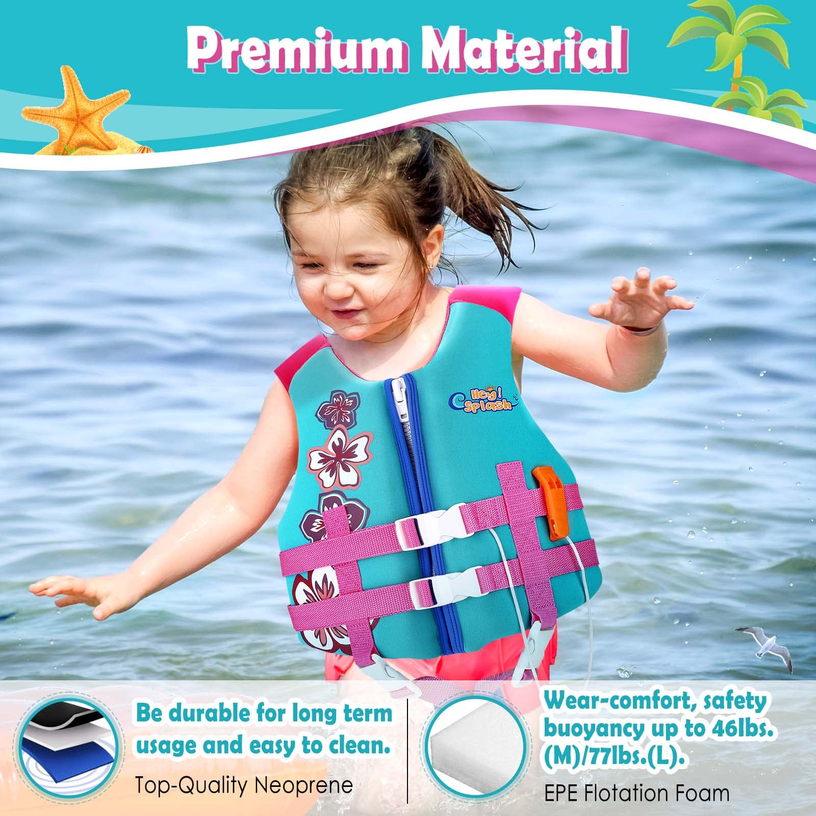 HeySplash Swim Vest for Kids, Child Size Watersports Kids Swim Vest Toddler Floatie Trainer Vest with Survival Whistle, Easy on 