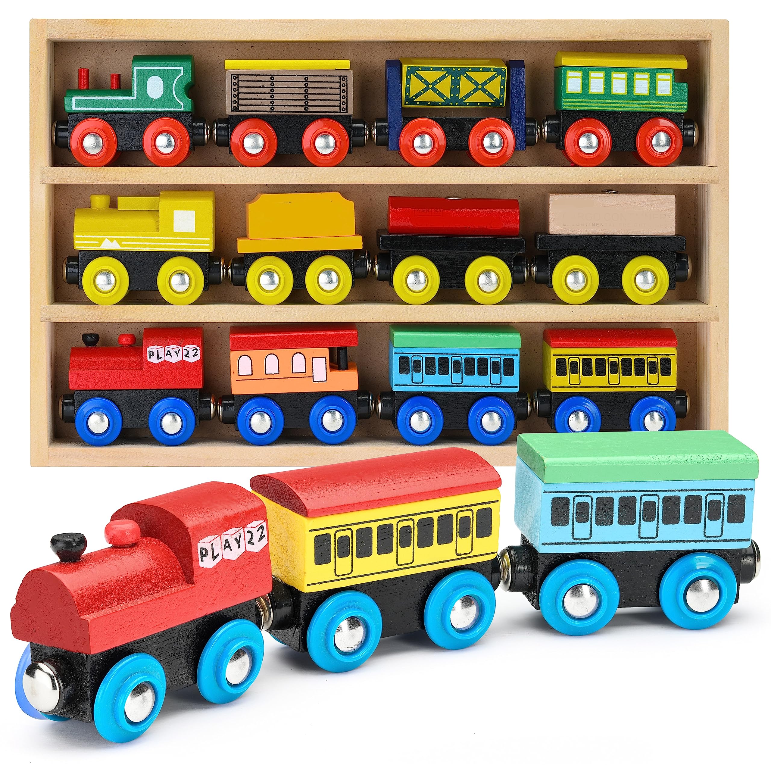 Play22 Wooden Train Set 12 PCS - Train Toys Magnetic Set Includes 3 Engines - Toy Train Sets For Kids Toddler Boys And Girls - Compatib