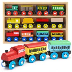 Play22 wooden train set 12 pcs - train toys magnetic set includes 3 engines - toy train sets for kids toddler boys and girls - compa