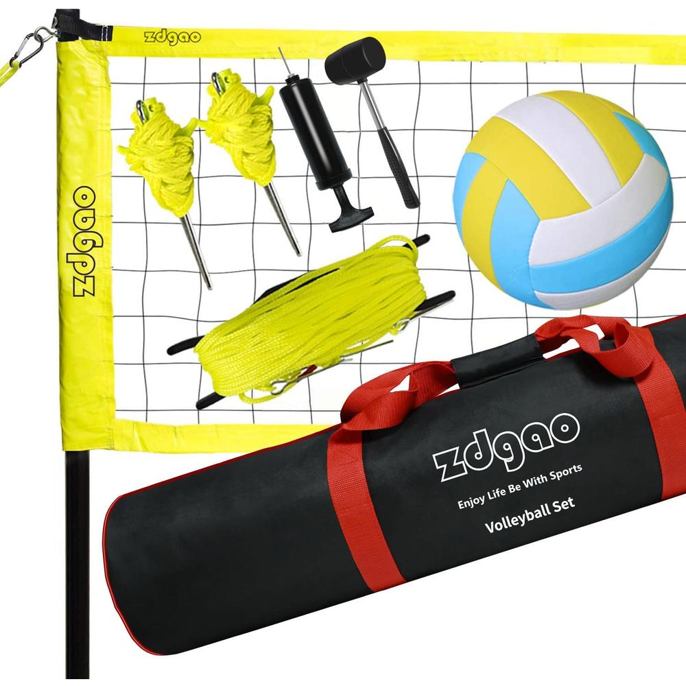 Zdgao Outdoor Portable Volleyball Net System - Adjustable Height Poles with Soft Volleyball Ball, Pump, Hammer, Boundary Line, and Car