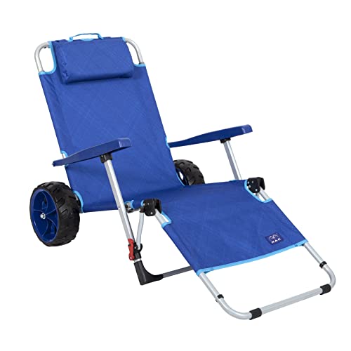 Mac Sports Beach Day Foldable Chaise Lounge Chair with Integrated Wagon Pull Cart Combination and Heavy Wheels - Perfect for Bea