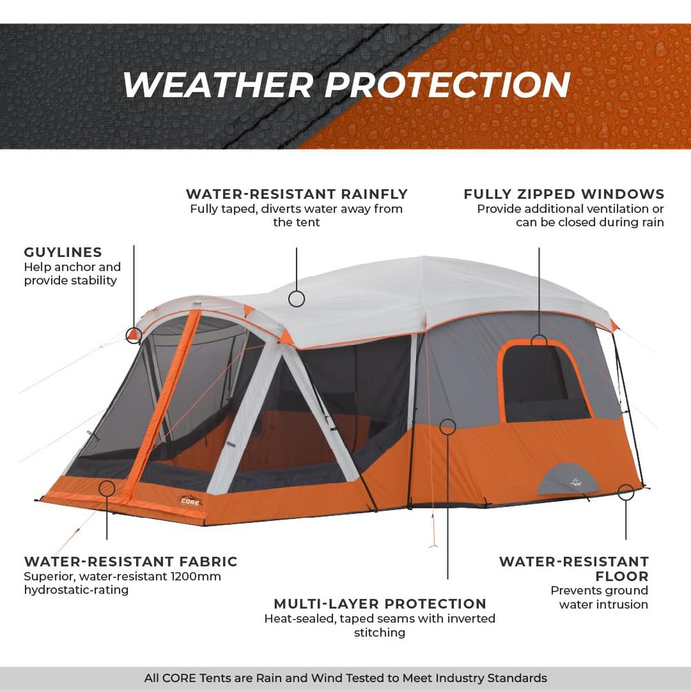 CORE 11 Person Family Cabin Tent with Screen Room | Large Multiple for Storage Pockets Camping Accessories Portable Huge Carry B