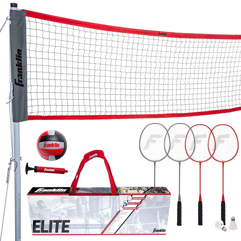 Franklin Sports Elite Badminton Volleyball Combo Net Set - Includes Volleyball,Badminton Rackets,Birdies, Poles/Net, Stakes, Rop
