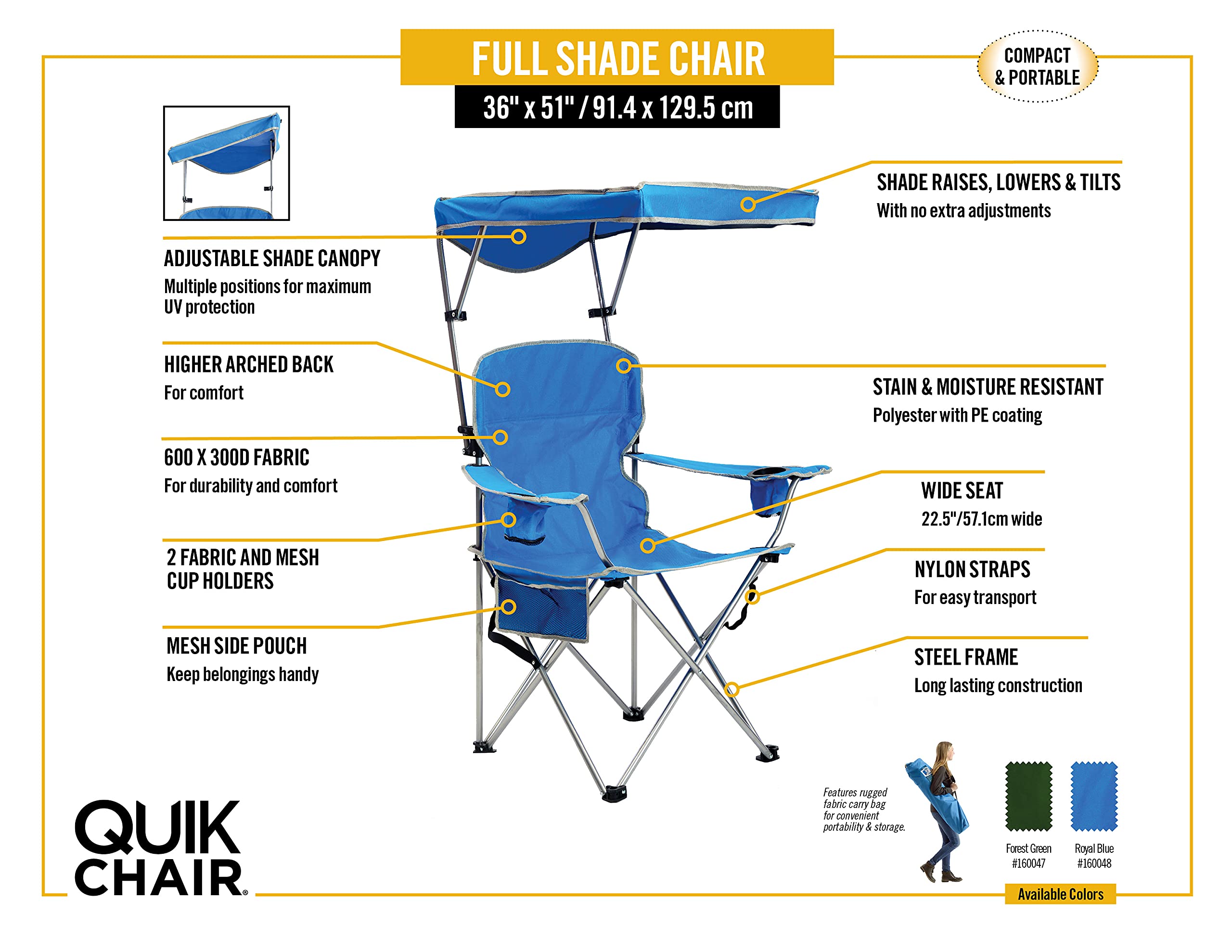 Quik Shade Full Size Shade Folding Chair for Camping, Polyester, Arm Rest|Foldable, Royal Blue, 2'L x 3'W x 4.3'H (160048DS)