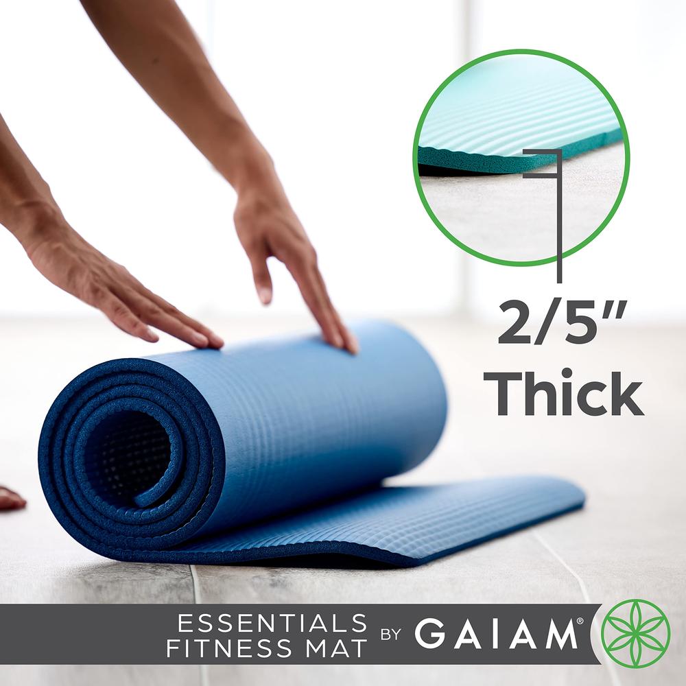 Gaiam Essentials Thick Yoga Mat Fitness & Exercise Mat with Easy-Cinch Carrier Strap, Navy, 72"L X 24"W X 2/5 Inch Thick, 10mm