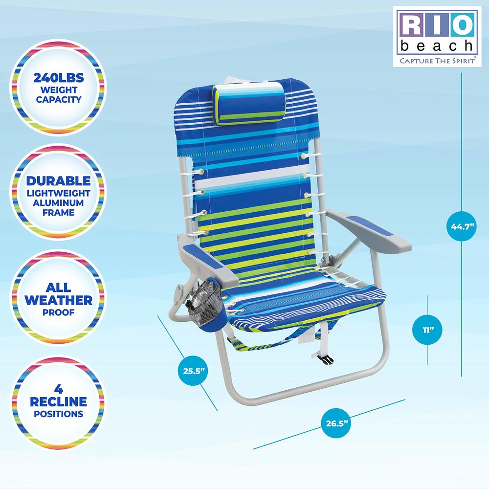 Rio Brands Beach 4-PRio Beach 4-Position Backpack Lace-Up Suspension Folding Beach Chair - Blue/Green Stripe , 24" x 24.75" x 33