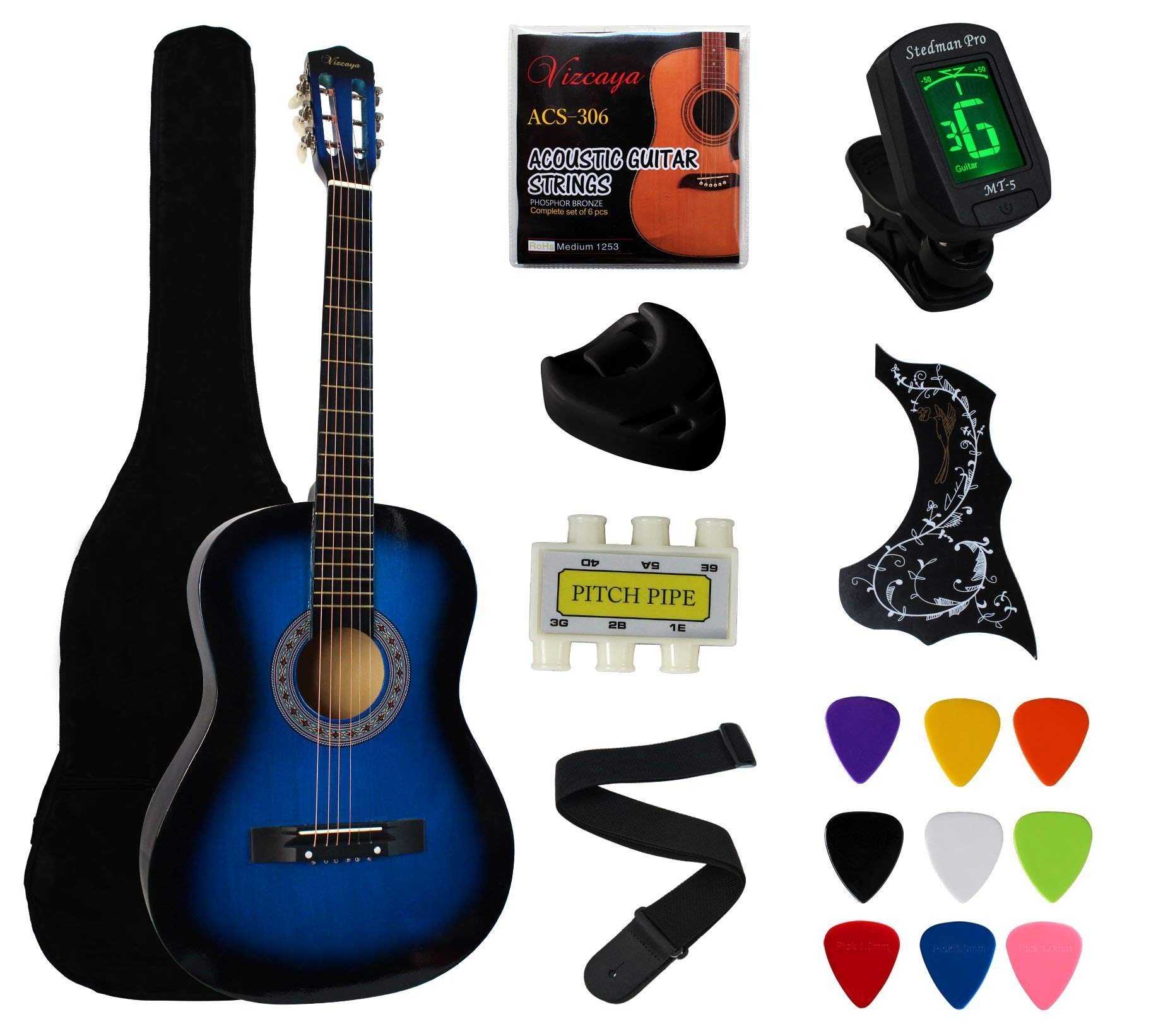YMc 38 Blue Beginner Acoustic guitar Starter Package Student guitar with gig Bag,Strap, 3 thickness 9 Picks,2 Pickguards,Pick Ho