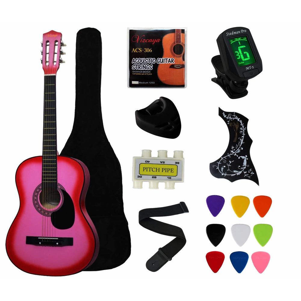YMC 38" Pink Beginner Acoustic Guitar Starter Package Student Guitar with Gig Bag,Strap, 3 thickness 9 picks,2 Pickguards,Pick H