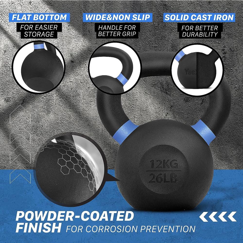 Yes4All Powder Coated Kettlebell Weights with Wide Handles & Flat Bottoms-12kg/26lbs Cast Iron Kettlebells for Strength, Conditi
