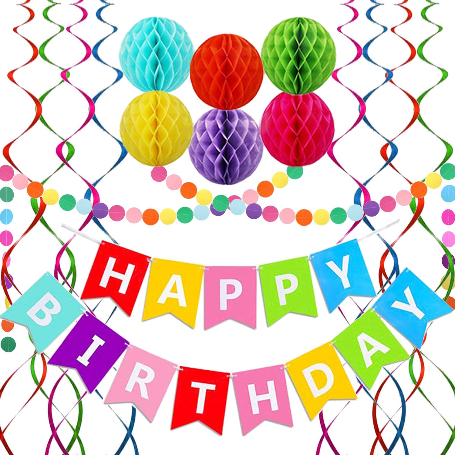 ALLFUN Happy Birthday Banner, Rainbow Birthday Banner, 6 Honeycomb Balls, 8  Metallic Hanging Swirls and Circle Parper Garland, Happy Bi