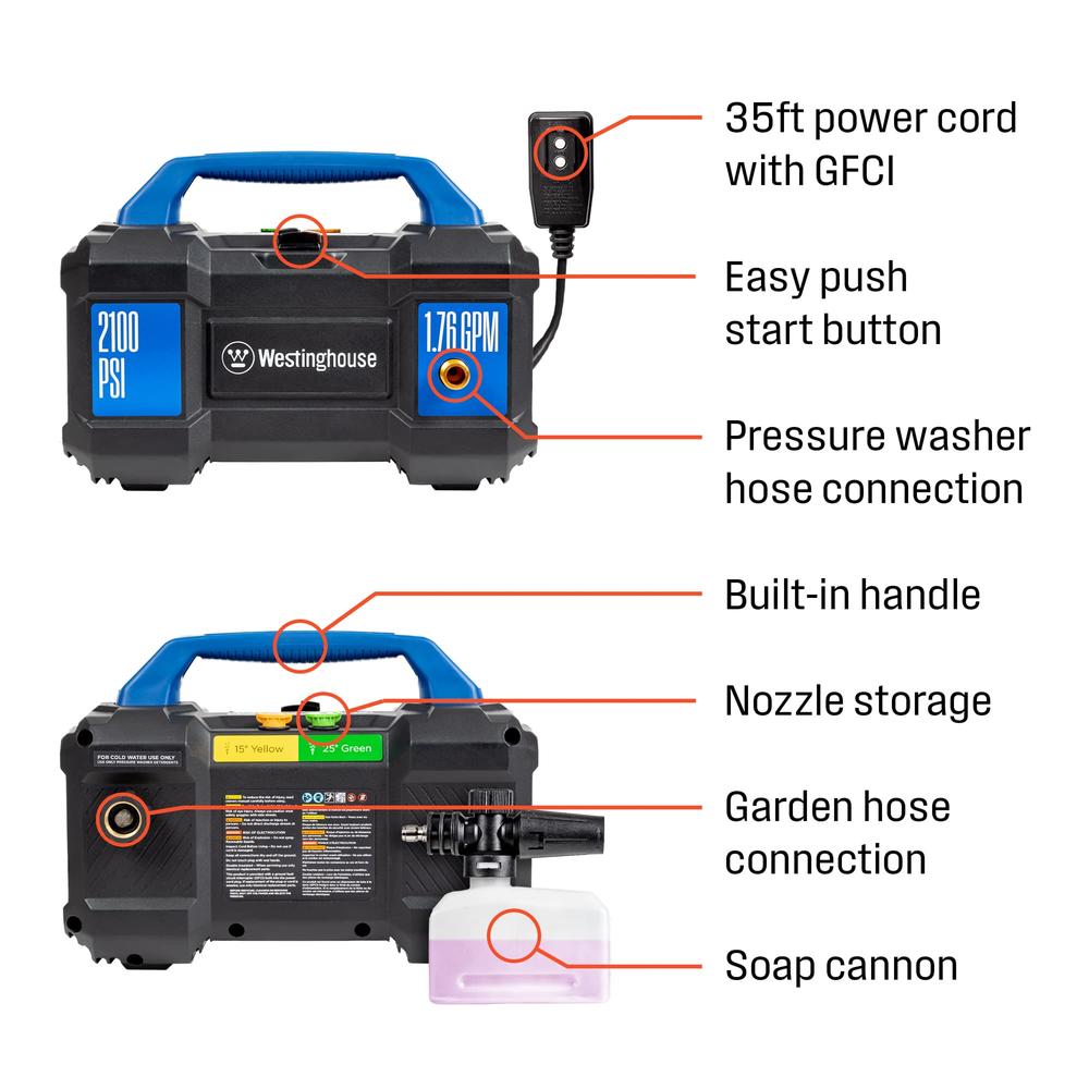 WESTINGHOUSE OUTDOOR POWER EQUIPMENT Westinghouse ePX3100v Electric Pressure Washer, 2100 Max PSI 1.76 Max GPM, Built-in Carry Handle, Detachable Foam Cannon, Pro-St