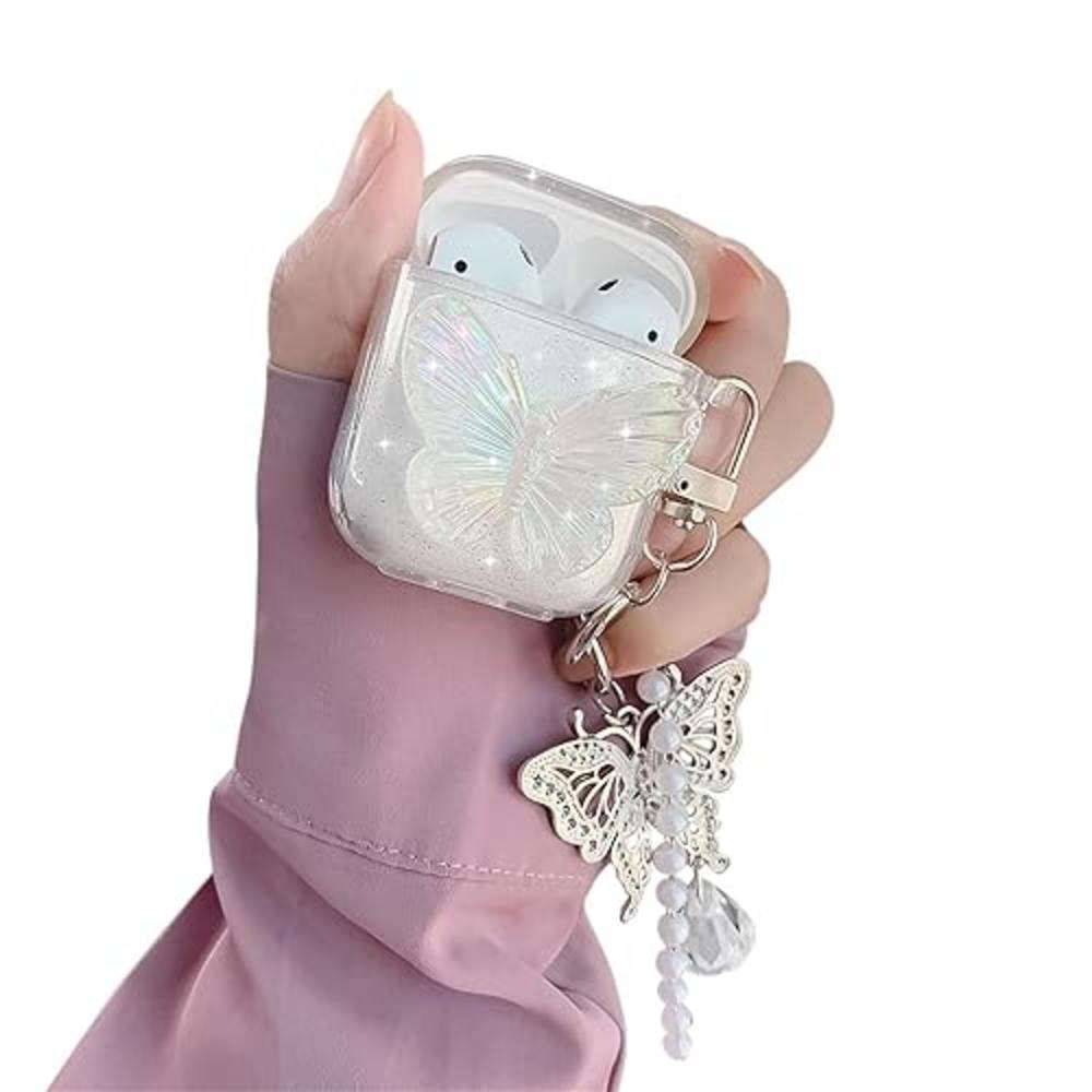 Fycyko Compatible for AirPods Case with Girls Clear Glitter Butterfly Design Smooth Soft TPU Cover for Airpods 2 &1 (Butterfly)