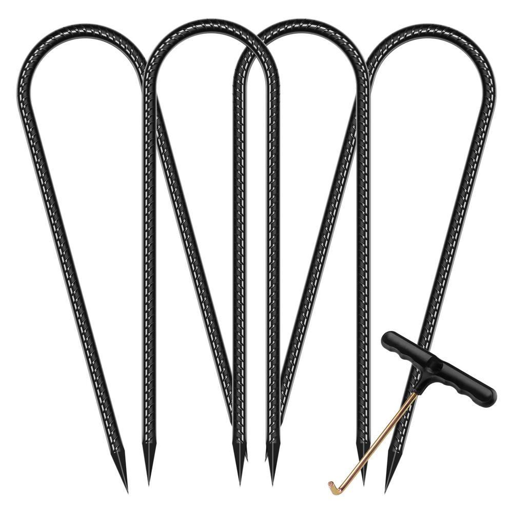 Synoratory Trampoline Stakes Anchors High Wind Heavy Duty U Type Safety Trampoline Wind Stakes Galvanized Steel (All-Season, Black)
