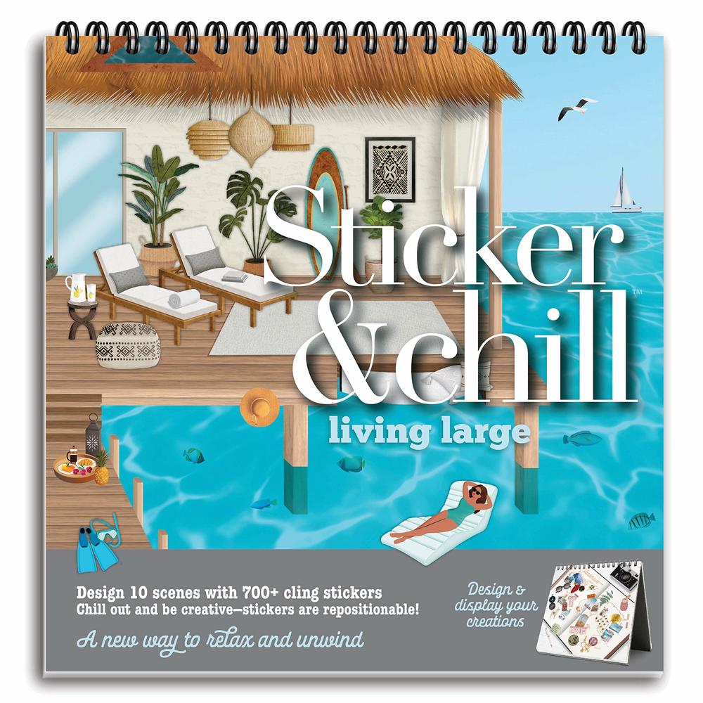Sticker & Chill Sticker Book for Adults - 700+ Repositionable Colorful Stickers Create Designs on 10 Spiral Bound Scene Pages - 