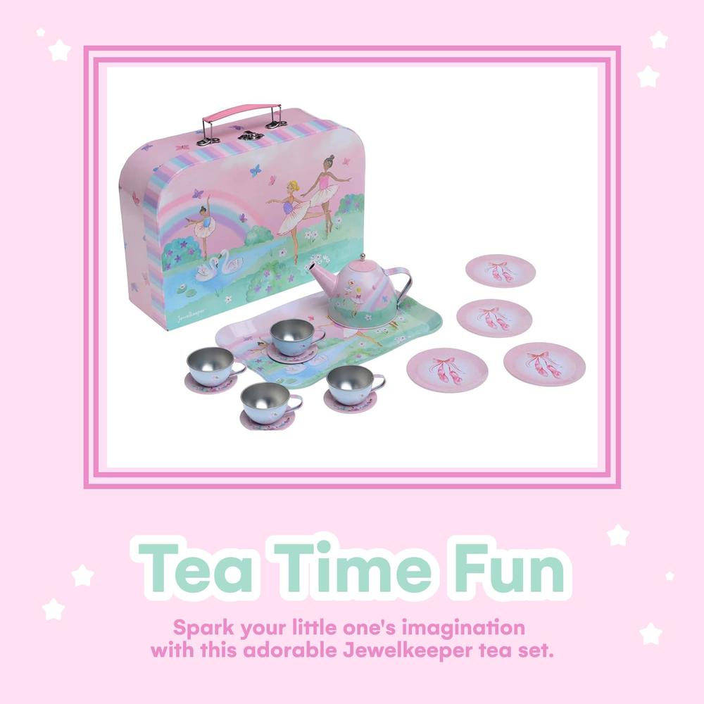 Jewelkeeper Tea Set for Little Girls - 15-Piece Tin Tea Party Set, Ballerina Design - Safe and Durable Toy Kids Tea Set with Car